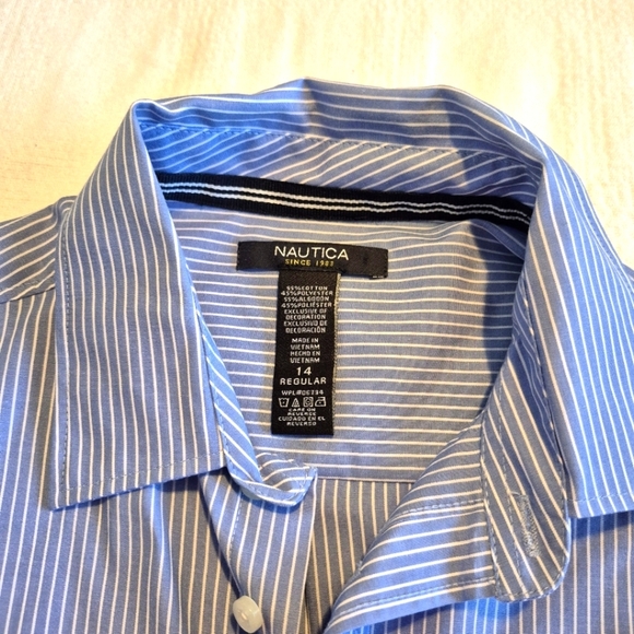 Nautica boys size 14 long sleeve button up shirt, blue with white stripe, EUC - Picture 3 of 5